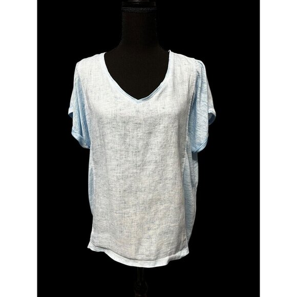 Chicos Light Blue 100% Linen V-Neck Short Sleeve Top, BEACH, TRAVEL, RESORT, M - Picture 1 of 10